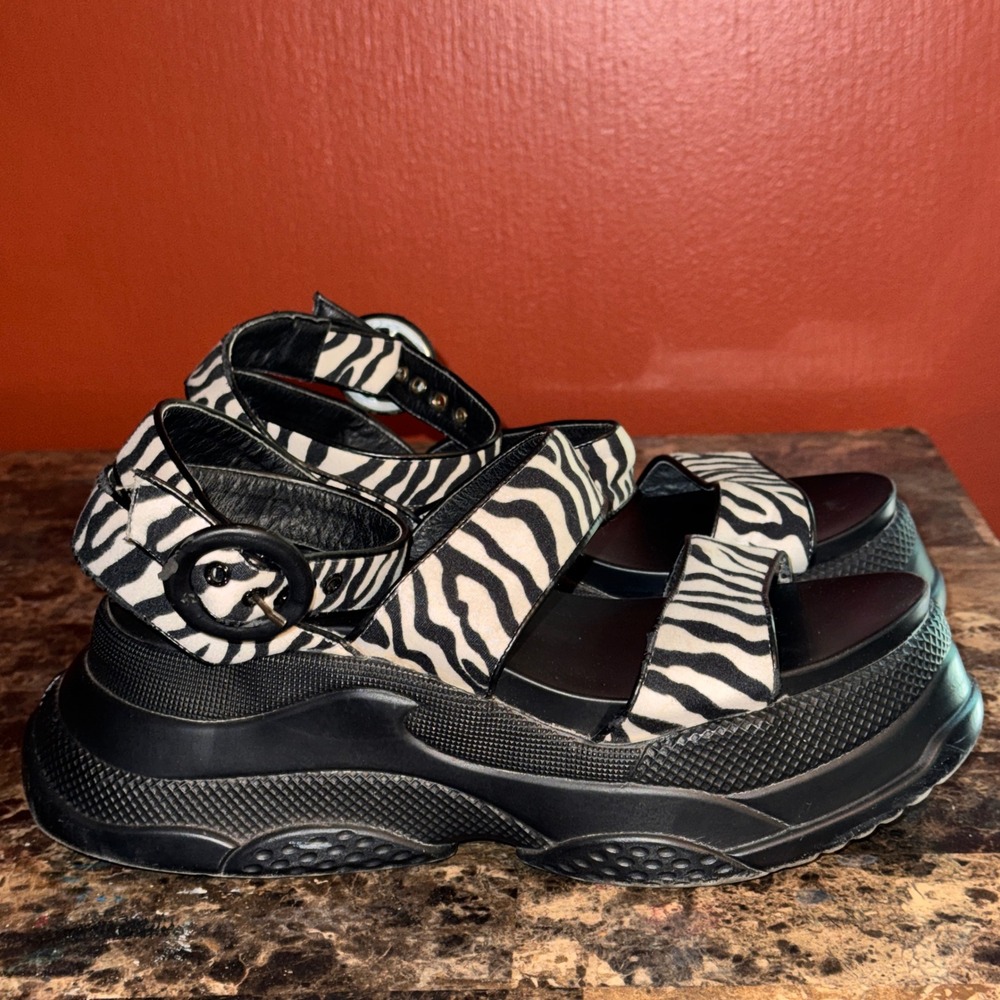 Lamoda Chunky Platforms Strappy Buckle Sandals Zebra Stripe Y2K Streetwear 39/8